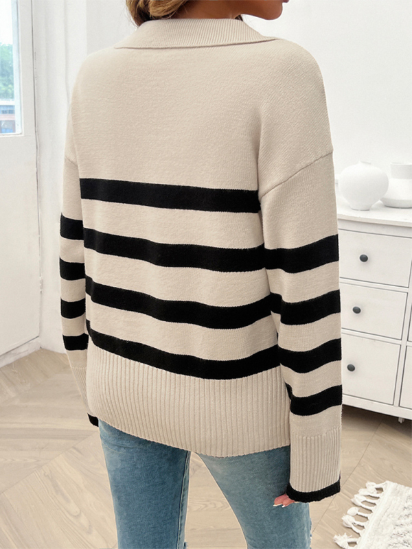 Women’s casual loose contrast color lapel sweater top
