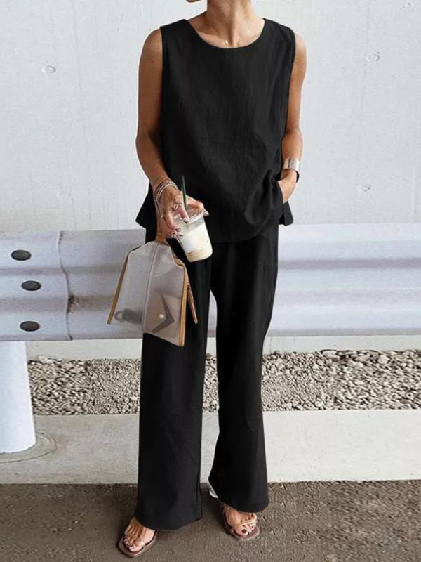 Women’s Casual Loose Sleeveless Slit Vest + Pants Set - Black / S