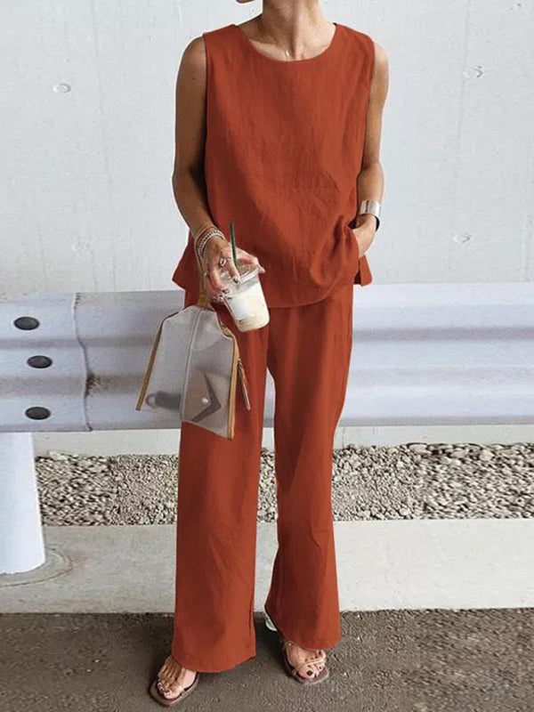 Women’s Casual Loose Sleeveless Slit Vest + Pants Set - Brick red / S