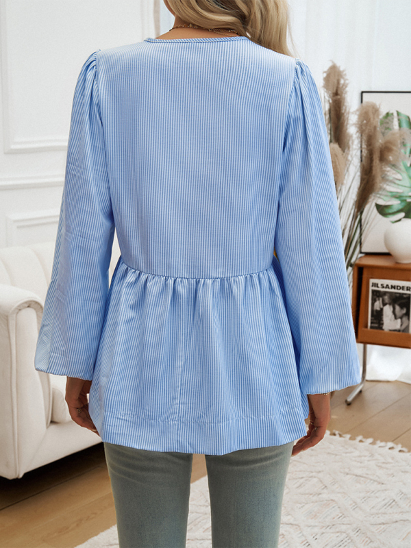 Women’s casual loose striped lace-up shirt
