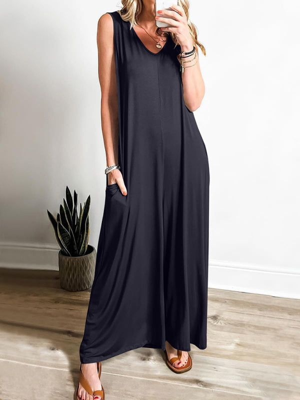 Women’s casual pocket thin jumpsuit - Black / S