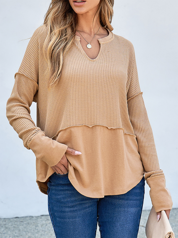 Tan waffle-knit long-sleeve top in solid color, perfect casual clothing for women