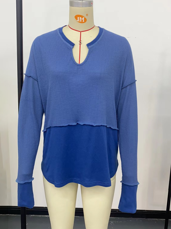 Blue long-sleeved solid color top with V-neck for women’s casual clothing style