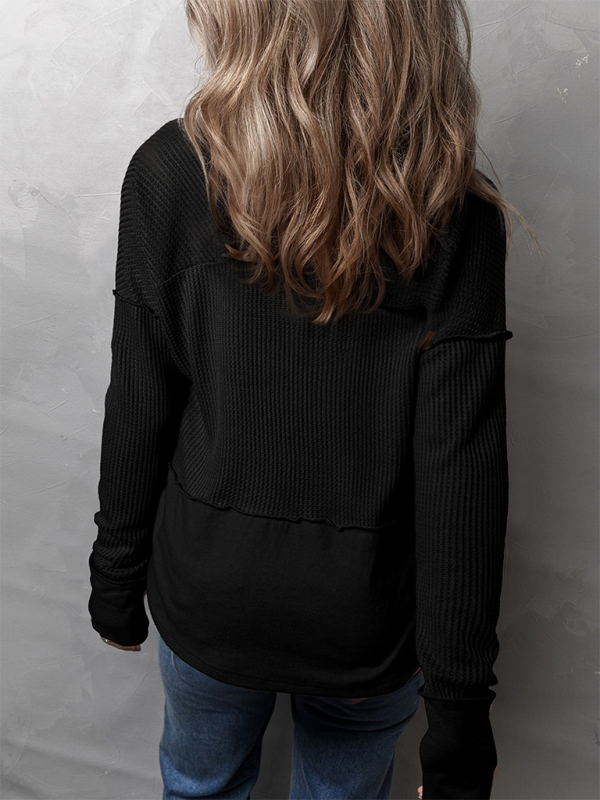 Black ribbed long-sleeve shirt in solid color casual clothing for women