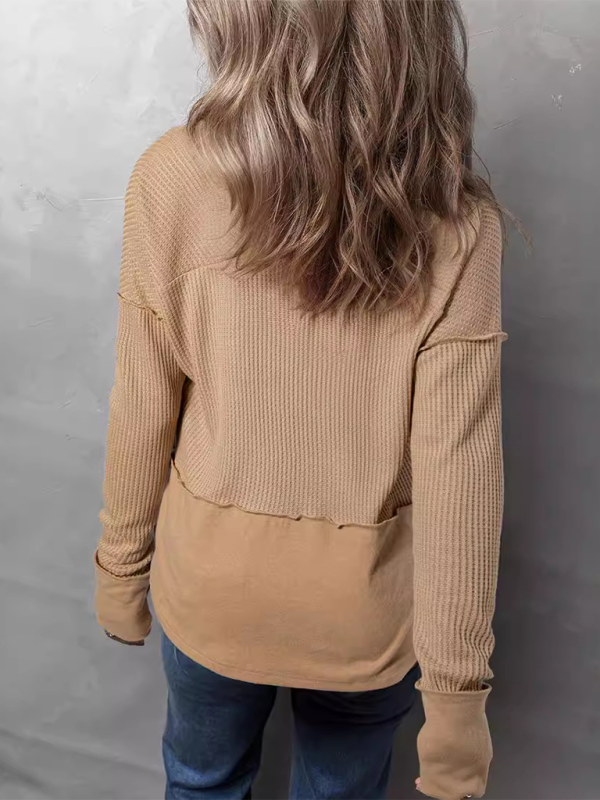 Tan waffle-knit long-sleeve shirt showcasing a solid color casual clothing type for women