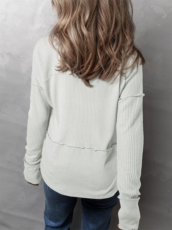 Light green waffle knit shirt, women’s casual solid color long sleeve clothing