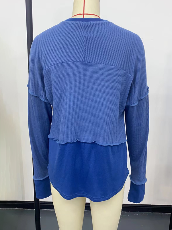 Blue layered long-sleeved shirt showcasing solid color casual clothing for women