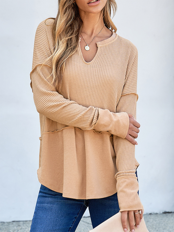 Tan waffle-knit long-sleeve top from Women’s Casual Shirt solid color clothing collection