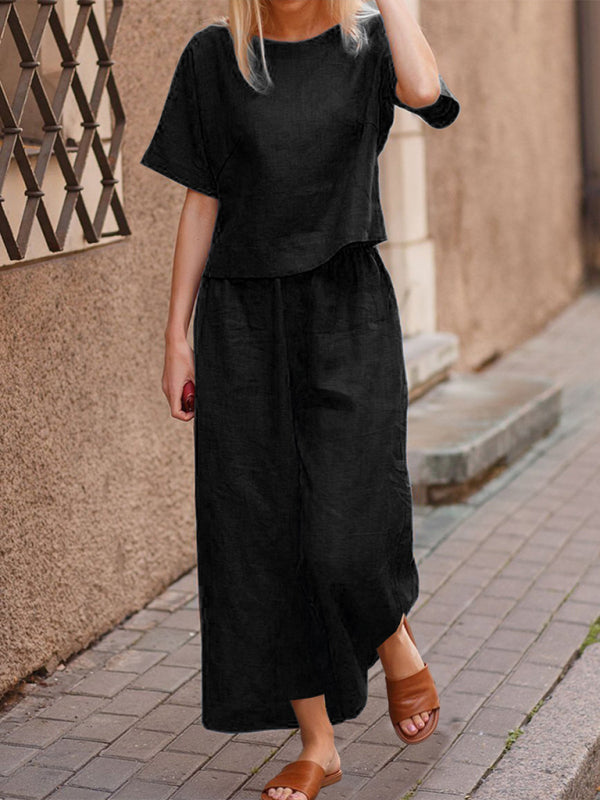 Women’s Casual Short Sleeve Cotton Pants Set - Black / XS