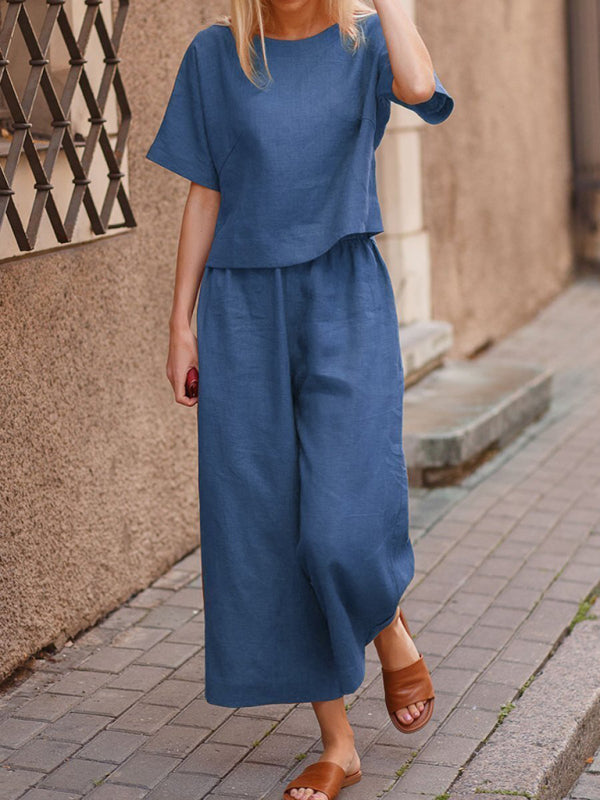 Women’s Casual Short Sleeve Cotton Pants Set - Blue / XS