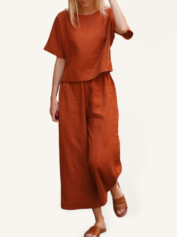 Women’s Casual Short Sleeve Cotton Pants Set - Orange / XS