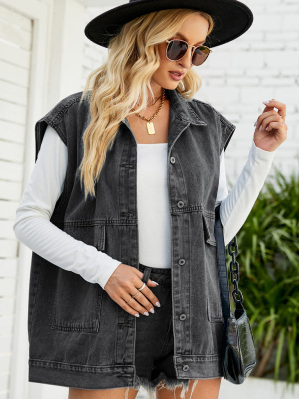 Women’s Casual Sleeveless Denim VestTop - Black / S