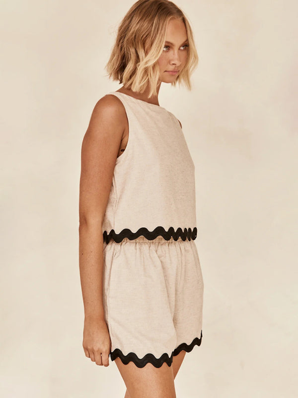 Women’s casual solid color sleeveless shorts two-piece suit