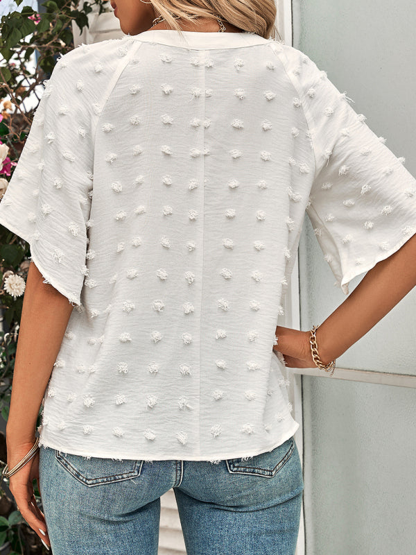Women’s casual style V-neck solid color pom pom top for women