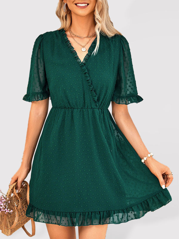 Women’s casual V-neck solid color short-sleeved fur ball dress for women