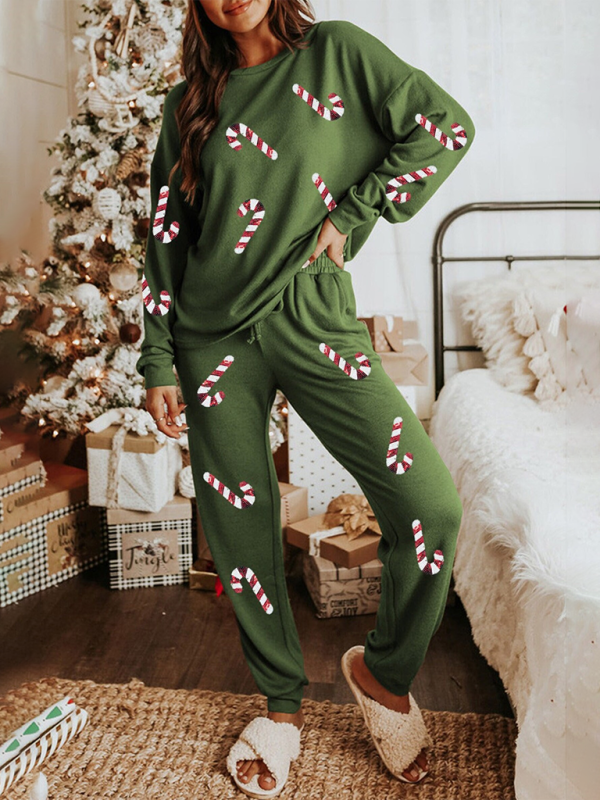 Women’s Christmas Sequin Long Sleeve Pants Two-piece Fashion Casual Set - Green / S