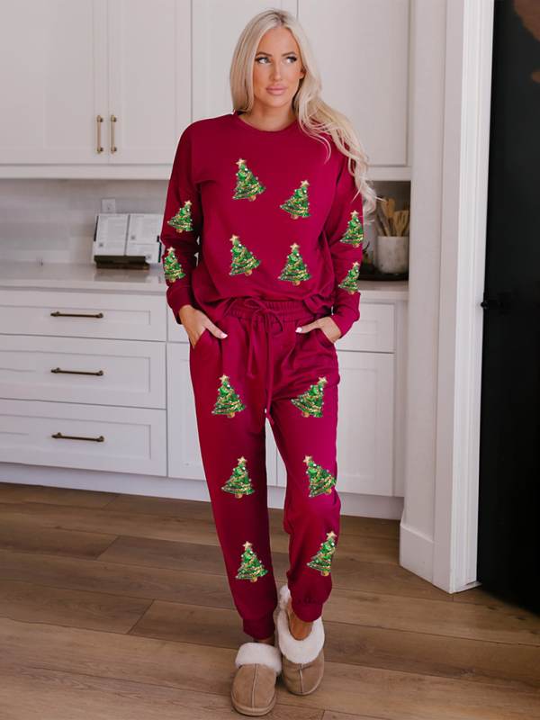 Women’s Christmas Sequin Long Sleeve Pants Two-piece Fashion Casual Set - Pattern1 / S