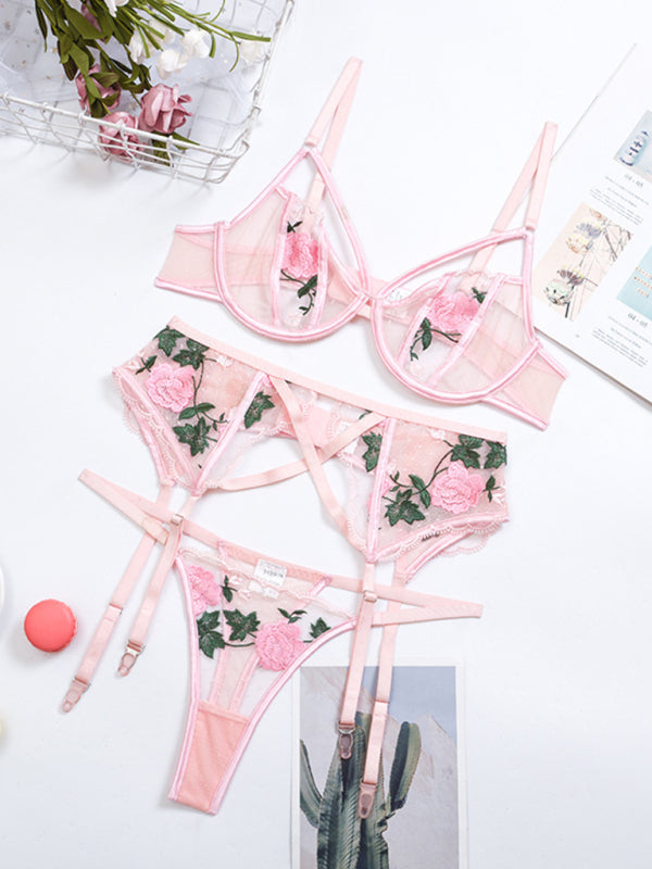 Women’s Classic Embroidered Lace Mesh Sexy Lingerie Three-piece Set