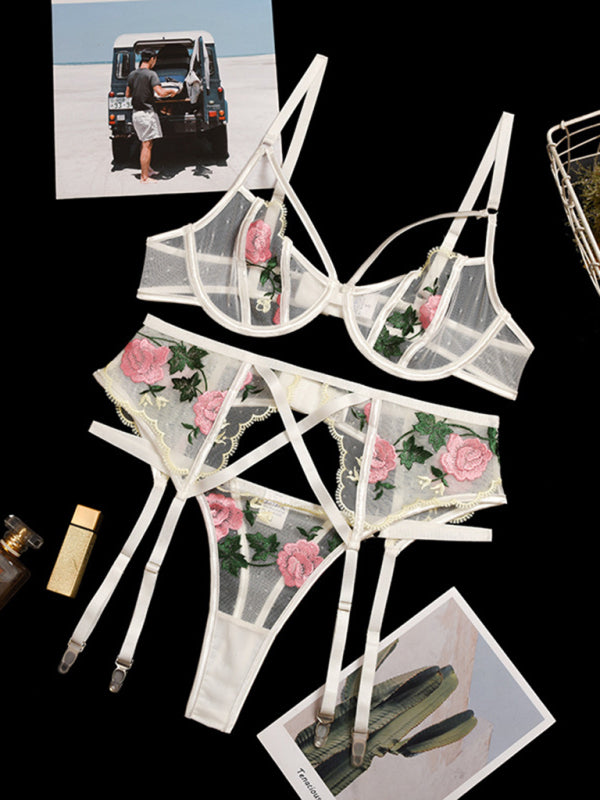 Women’s Classic Embroidered Lace Mesh Sexy Lingerie Three-piece Set