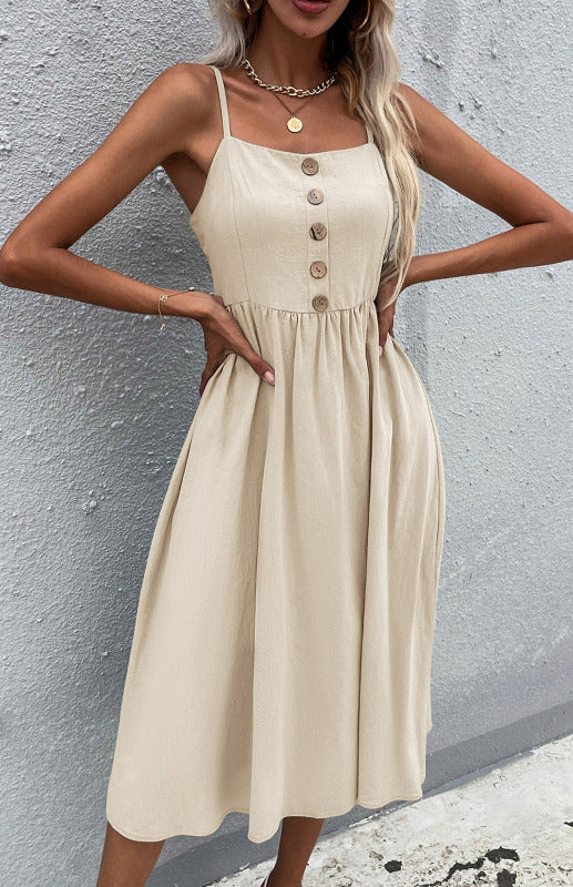 Women’s Clothing Slim Fit Solid Color Cotton Linen Dress