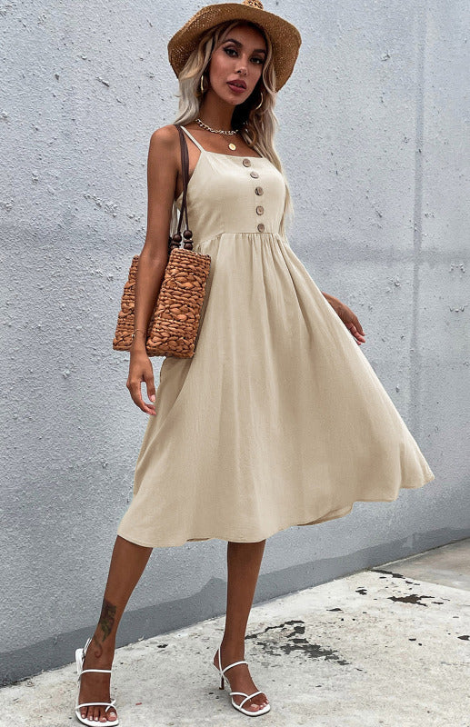 Women’s Clothing Slim Fit Solid Color Cotton Linen Dress