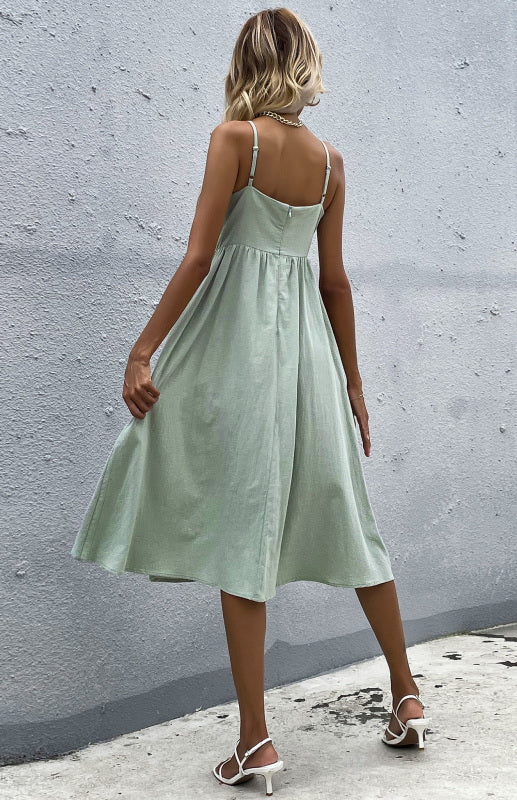 Women’s Clothing Slim Fit Solid Color Cotton Linen Dress
