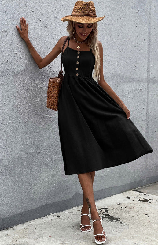 Women’s Clothing Slim Fit Solid Color Cotton Linen Dress - Black / S