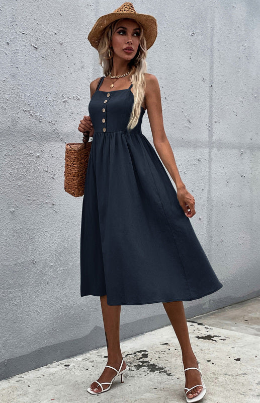 Women’s Clothing Slim Fit Solid Color Cotton Linen Dress - Champlain color / S