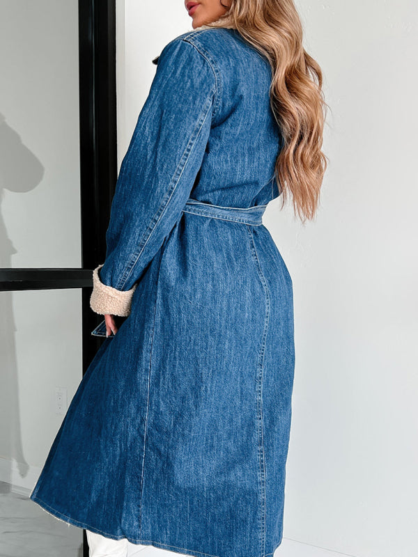 Women’s Coat Lambswool Lapel Quilted Cotton Lined Lace-up Double Pocket Denim Windbreaker