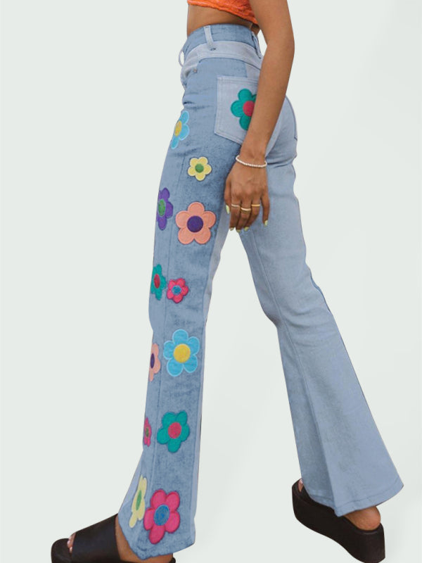 Women’s color matching side print high waist bootcut pants casual jeans - Blue / S