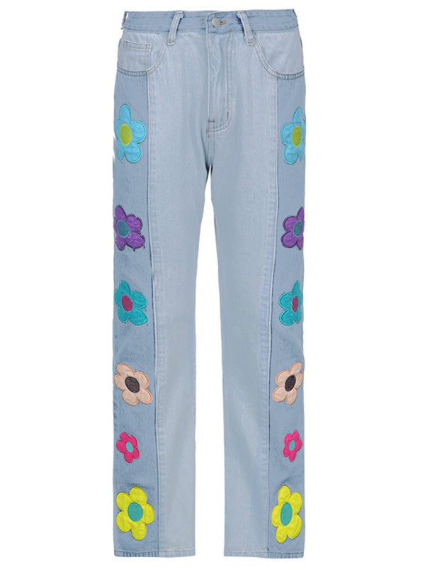Women’s color matching side print high waist bootcut pants casual jeans