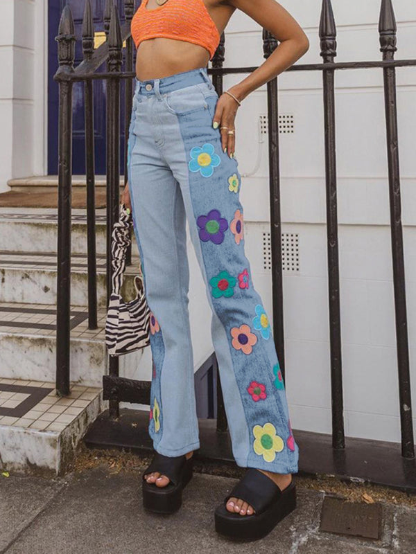 Women’s color matching side print high waist bootcut pants casual jeans