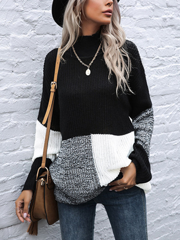 women’s colorblock loose turtleneck knitted sweater - Black / S