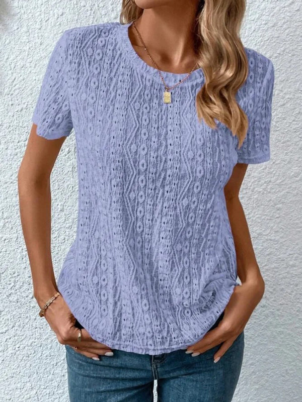 Women’s Comfortable Fresh Sweet Round Neck Hollow Short Sleeve T-Shirt - Clear blue / S