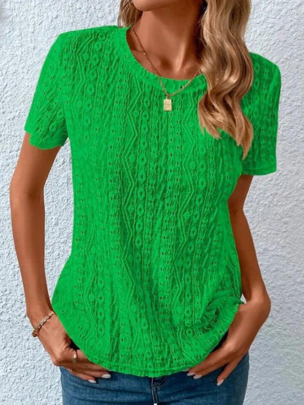 Women’s Comfortable Fresh Sweet Round Neck Hollow Short Sleeve T-Shirt - Green / S