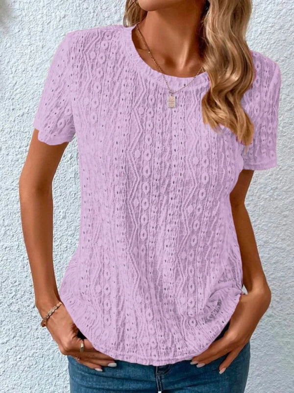 Women’s Comfortable Fresh Sweet Round Neck Hollow Short Sleeve T-Shirt - Pink / S