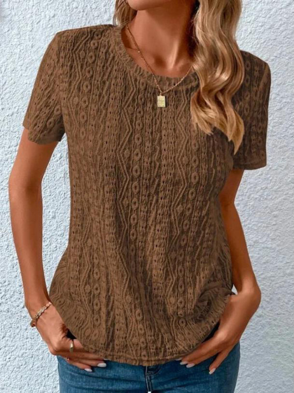 Women’s Comfortable Fresh Sweet Round Neck Hollow Short Sleeve T-Shirt - Coffee / S