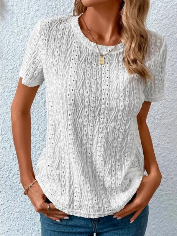Women’s Comfortable Fresh Sweet Round Neck Hollow Short Sleeve T-Shirt - White / S