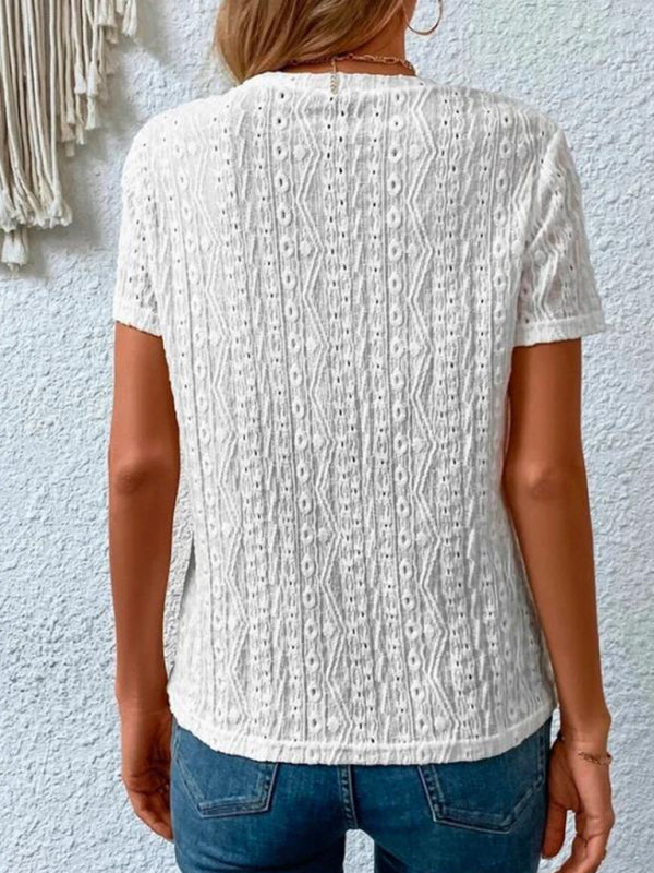 Women’s Comfortable Fresh Sweet Round Neck Hollow Short Sleeve T-Shirt