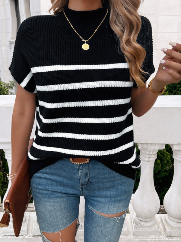 Women’s contrasting color short-sleeved pullover sweater