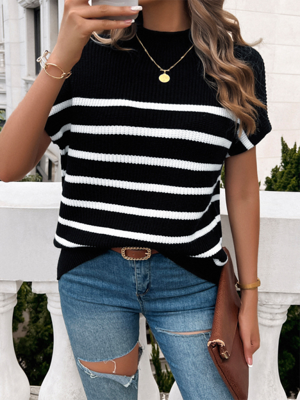 Women’s contrasting color short-sleeved pullover sweater