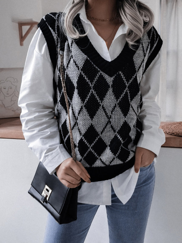 Women’s diamond V-neck casual loose knit vest sweater