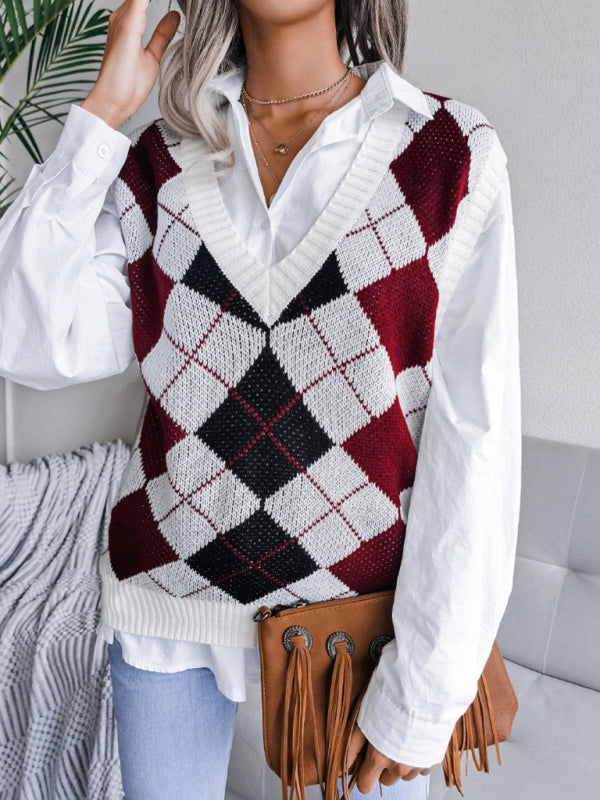 Women’s diamond V-neck casual loose knit vest sweater