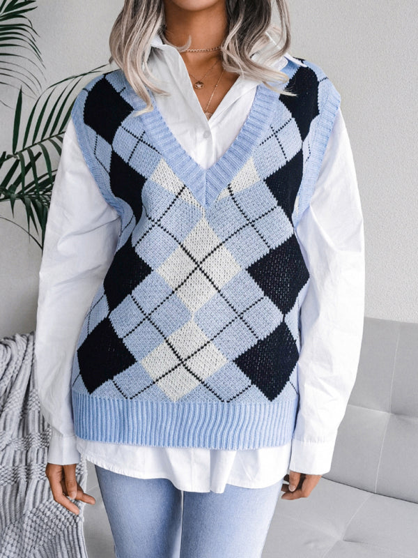Women’s diamond V-neck casual loose knit vest sweater