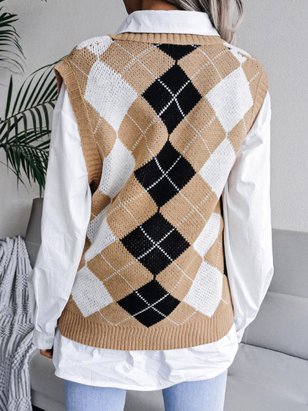 Women’s diamond V-neck casual loose knit vest sweater