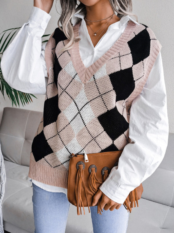 Women’s diamond V-neck casual loose knit vest sweater