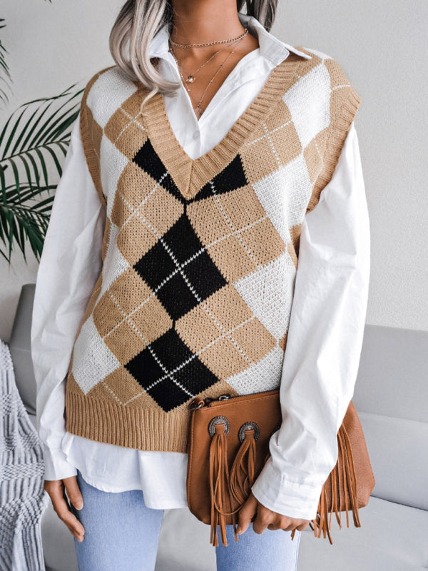 Women’s diamond V-neck casual loose knit vest sweater