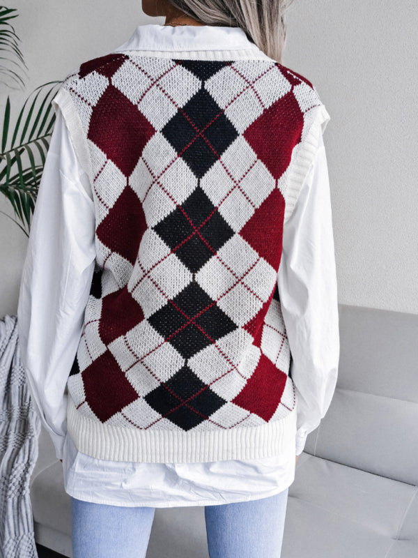 Women’s diamond V-neck casual loose knit vest sweater