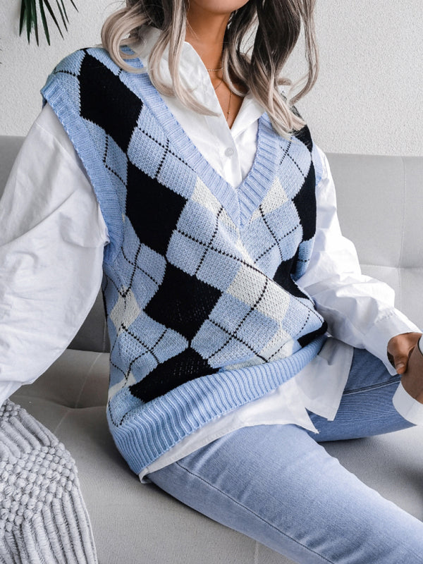 Women’s diamond V-neck casual loose knit vest sweater - Blue / S