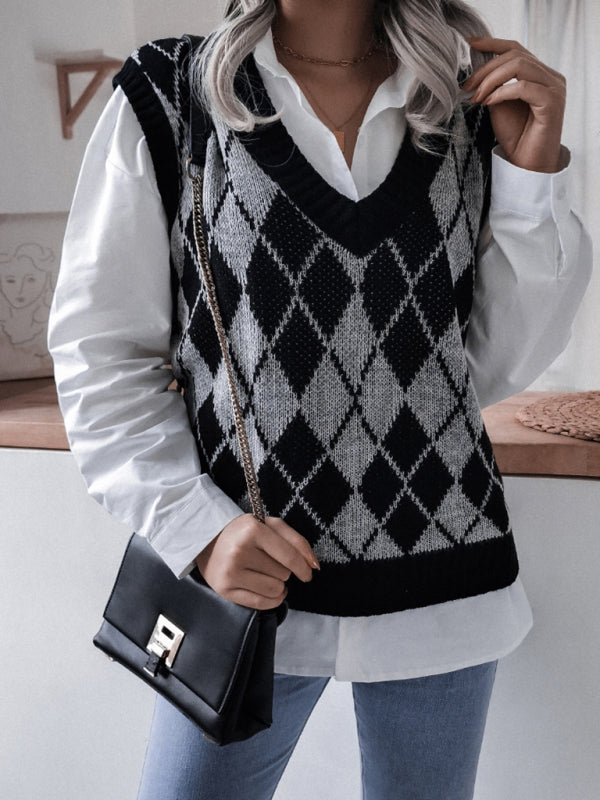 Women’s diamond V-neck casual loose knit vest sweater - Grey / S